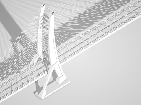 Suspension bridge bird eye view, white digital model, 3d render