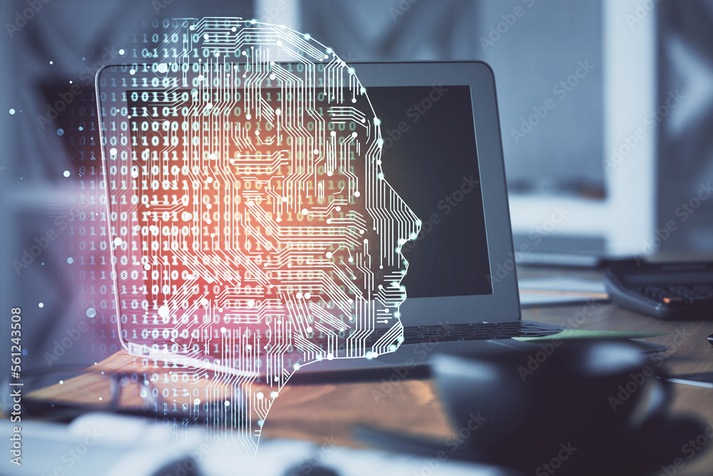 Poster Double exposure of work table with computer and brain sketch hologram. Brainstorming concept.