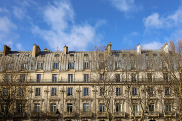 Fototapeta na wymiar beautiful typical parisian building facade in the 6th arrondissement , Haussamannian style real estate 