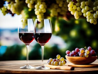 Wineglasses and grapes on a table. 