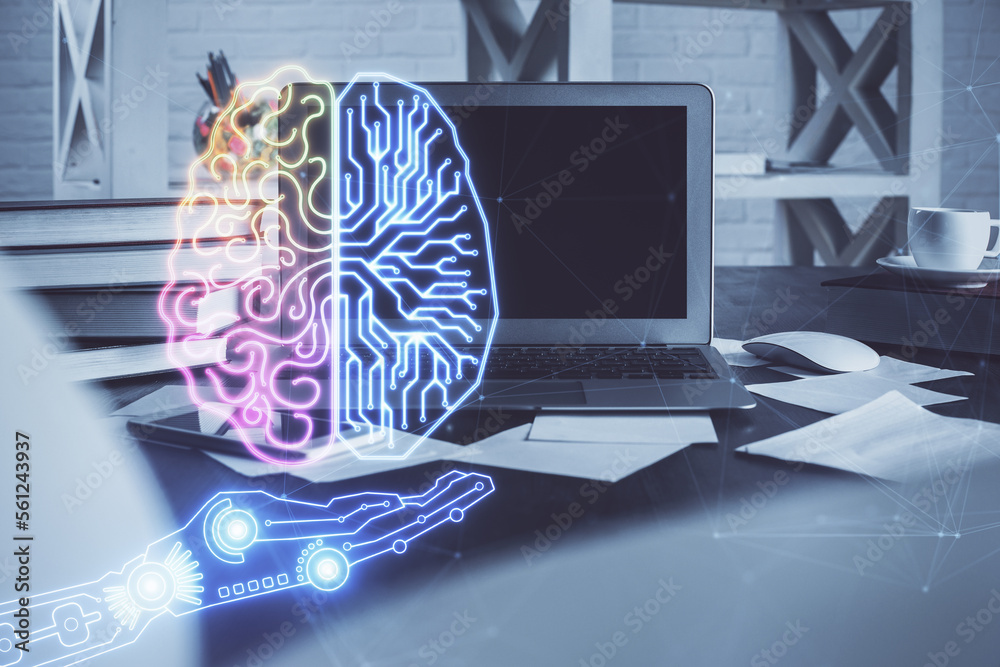 Poster Double exposure of work table with computer and brain sketch hologram. Brainstorming concept.