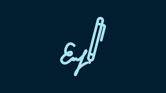 White Signature line icon isolated on blue background. Pen and undersign, underwrite, ratify symbol. 4K Video motion graphic animation