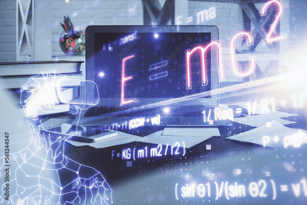 Poster desktop computer background and formula hologram writing. double exposure. education concept.