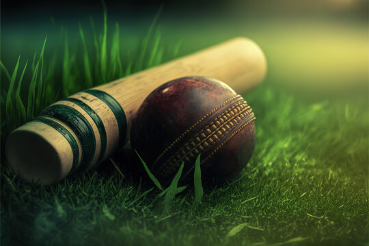 leather Cricket ball resting on a cricket bat placed on green grass cricket ground pitch. Generative AI