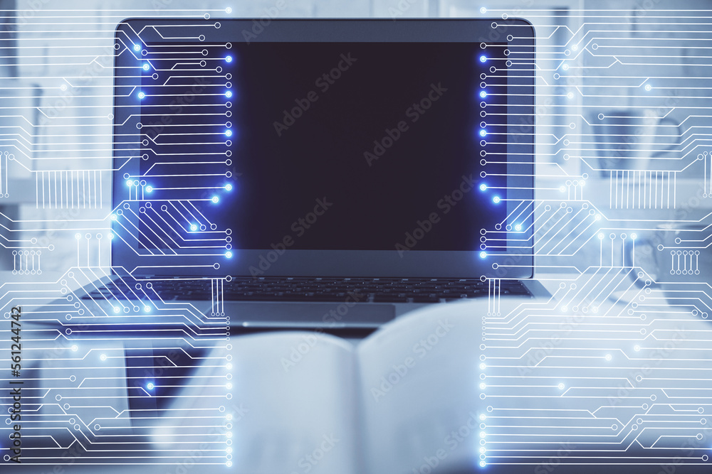 Poster computer on desktop in office with technology theme hologram. multi exposure. tech concept.