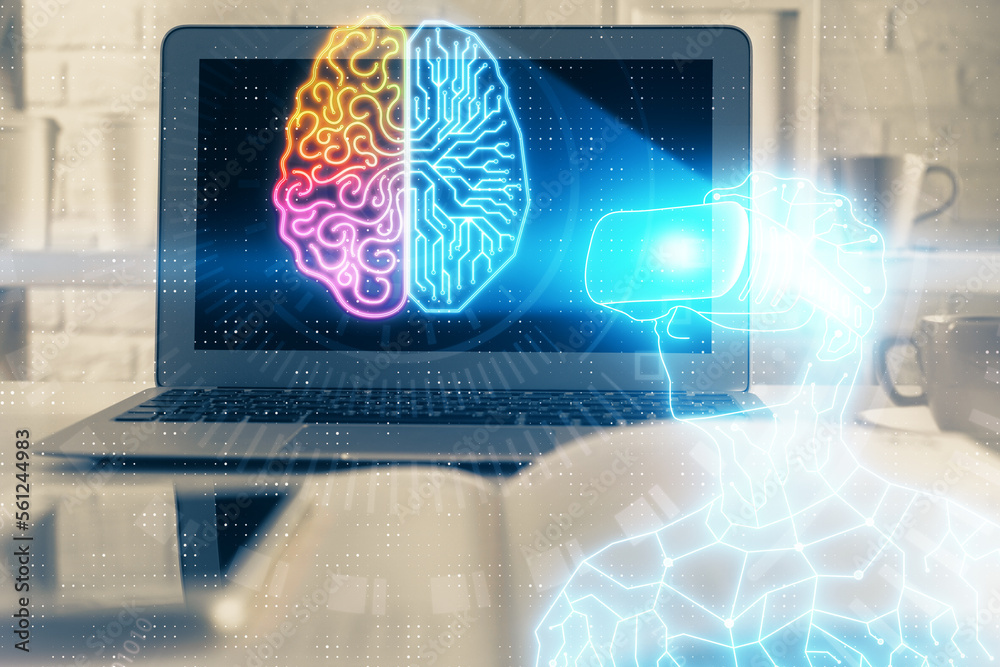 Poster Computer on desktop with AR theme icon. Multi exposure. Concept of augmented reality.