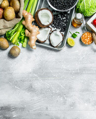 Healthy food. Variety of organic vegetables and fruits .