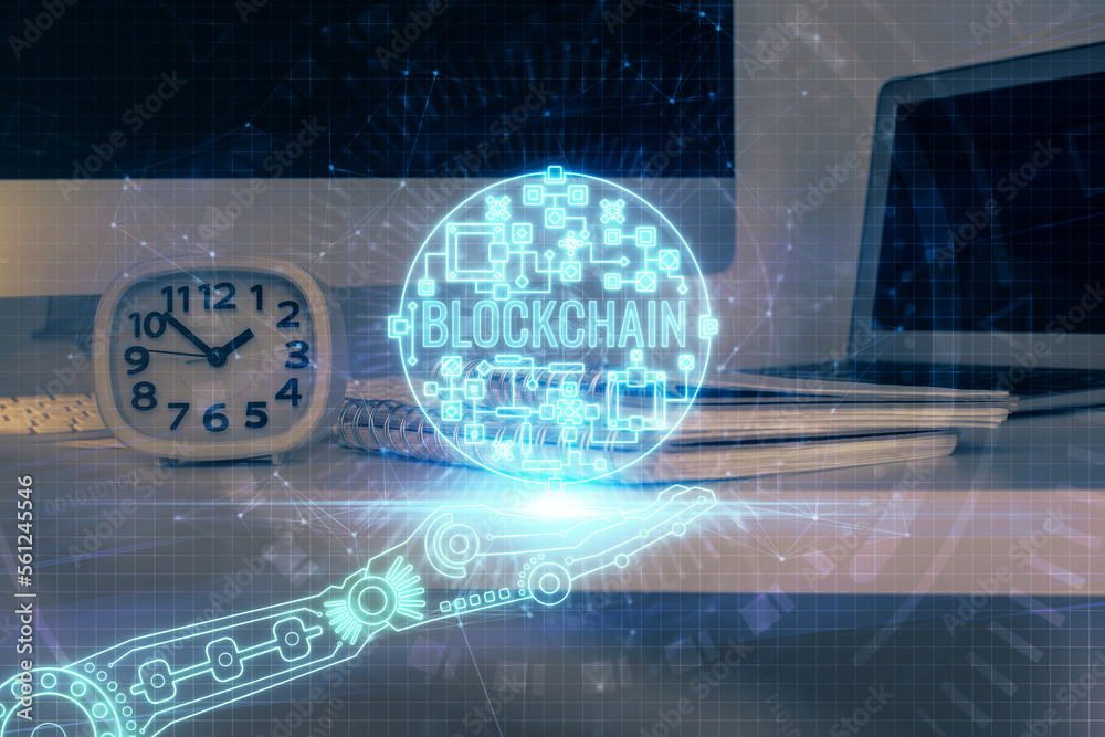 Aufkleber Multi exposure of blockchain theme hologram and table with computer background. Concept of bitcoin crypto currency.