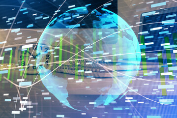 Multi exposure of business theme icons and table with computer background. Concept of success.