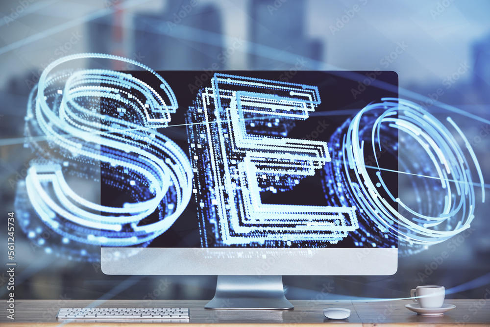 Poster Multi exposure of table with computer and seo drawing hologram. Search optimization concept.