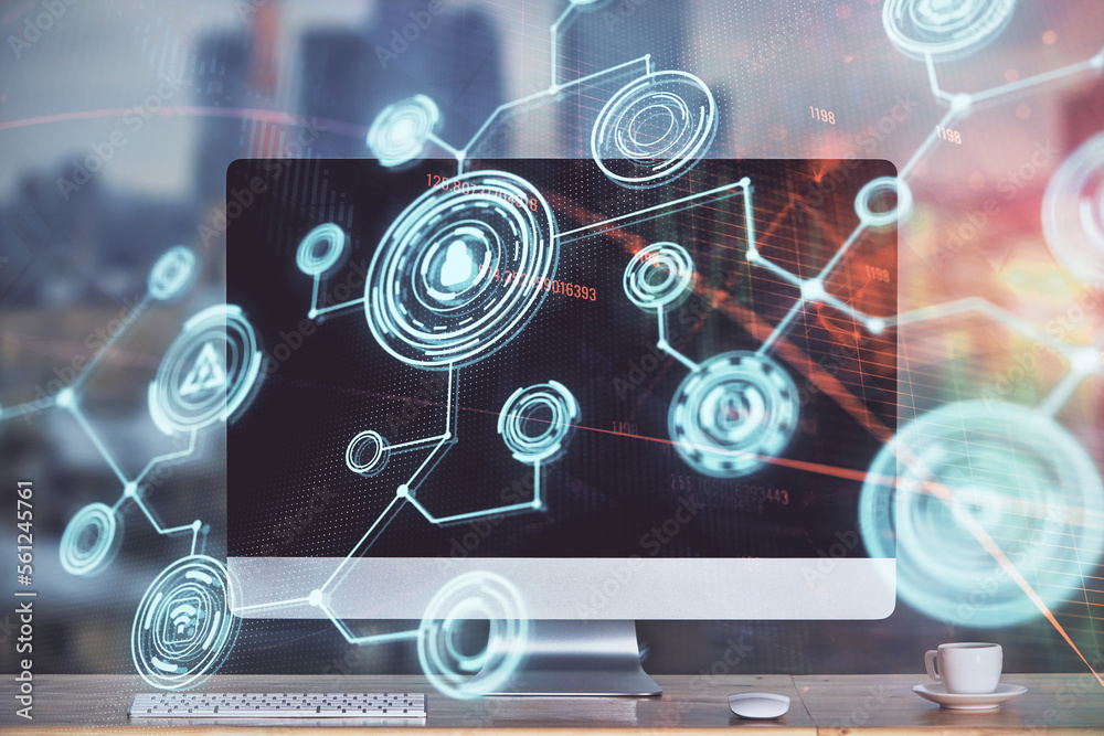 Poster computer on desktop with social network theme icon. multi exposure. concept of international connect
