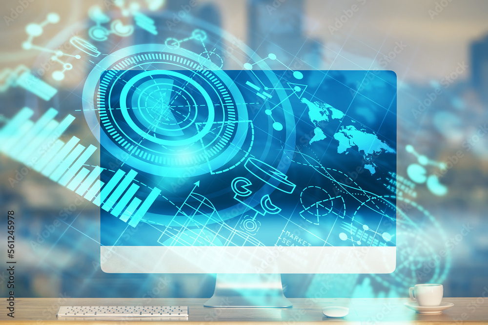 Aufkleber Multi exposure of business theme icons and table with computer background. Concept of success.