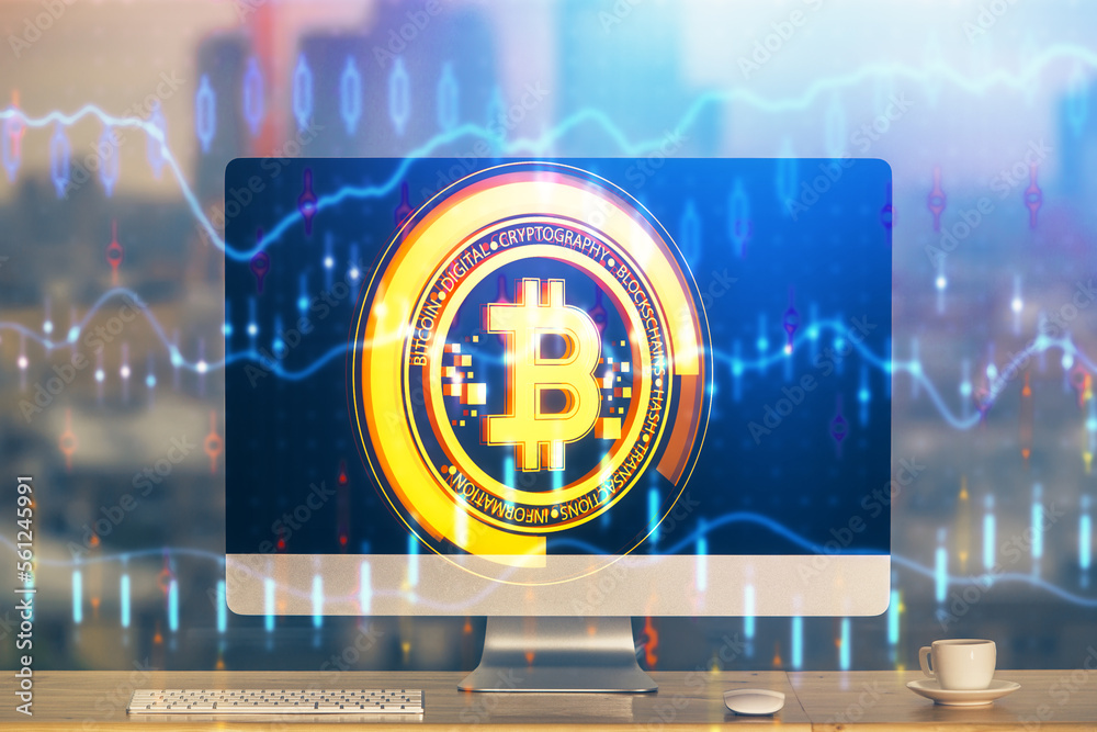 Aufkleber Multi exposure of blockchain theme hologram and table with computer background. Concept of bitcoin crypto currency.