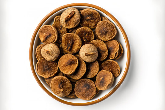 Round bowl of dried figs in top view on a white background. Generative AI