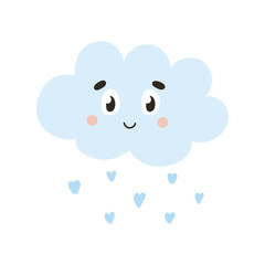 Cute cloud character with heart shape rain drops, design element for spring themed invitations