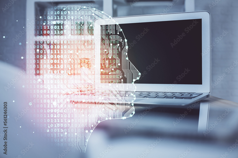 Aufkleber Double exposure of table with computer and brain hologram. Data innovation concept.