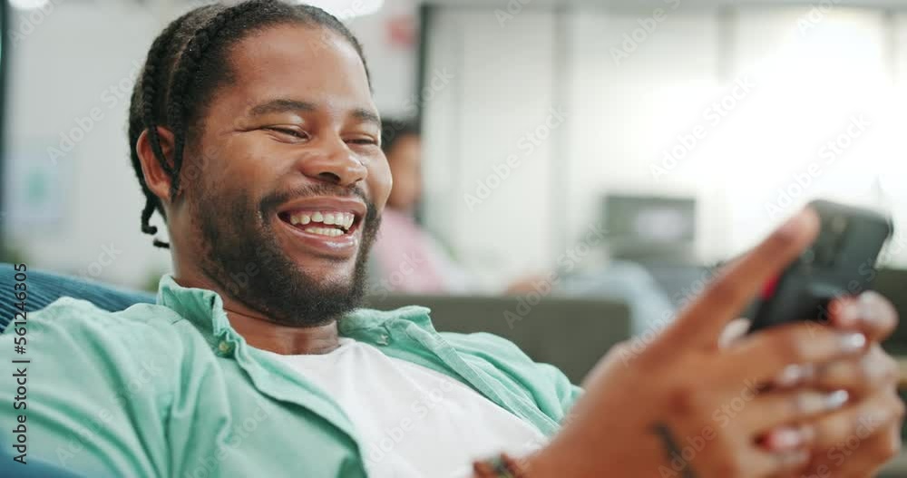 Poster Laugh, happy and mobile text of a black man typing on social media communication app. Laughing, internet scroll and web meme of a man online on a mobile phone texting and reading a funny joke