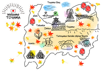 秋の富山県の観光地のシンプル線画イラストマップ