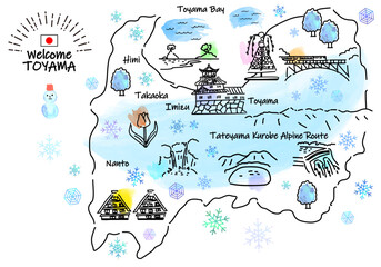 冬の富山県の観光地のシンプル線画イラストマップ