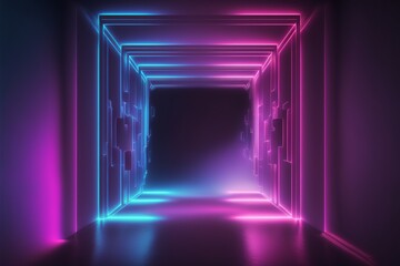 A neon-lit purple and blue rectangular frame structure