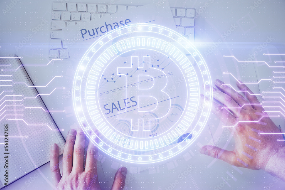 Poster Man's hands working with notes background. Cryptocurrency and finance concept.
