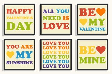 Valentine's Day retro greeting cards in rainbow colors.