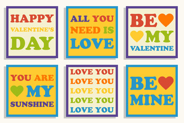Valentine's Day retro greeting cards in rainbow colors.