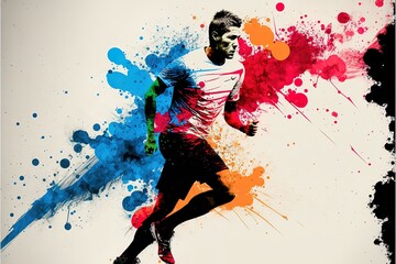 Fototapeta na wymiar Soccer player with a graphic trail and color splash background. Generative AI