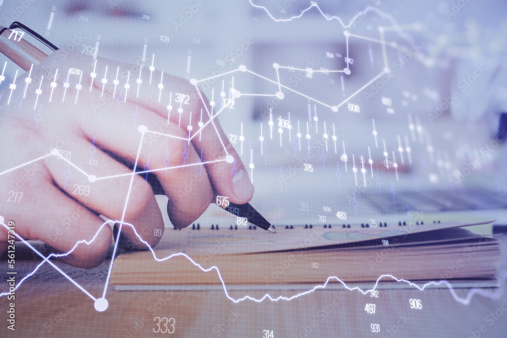 Poster double exposure of man doing notes of stock market with forex graph.