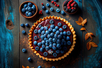 Wonderful Blueberry tart on blue wooden background