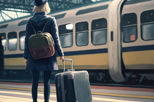 A person with luggage bag is ready to departure at the train terminal station, travel and transportation concept . Generative Ai image.