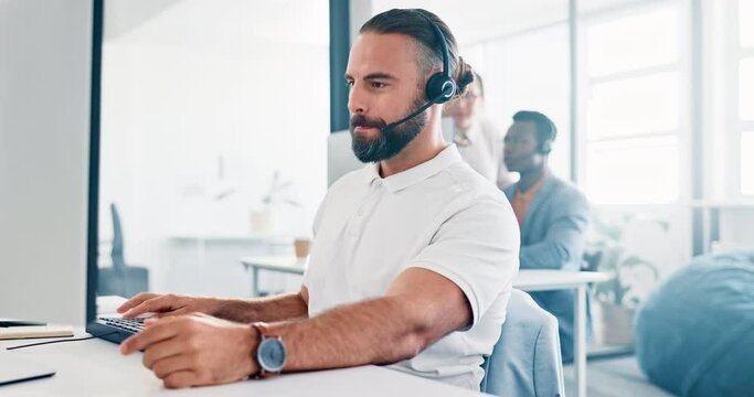 Call center, computer and business man smile in telemarketing chat, customer services or consulting. Telecom, technical support or ecommerce consultant, agent or help desk employee typing on keyboard