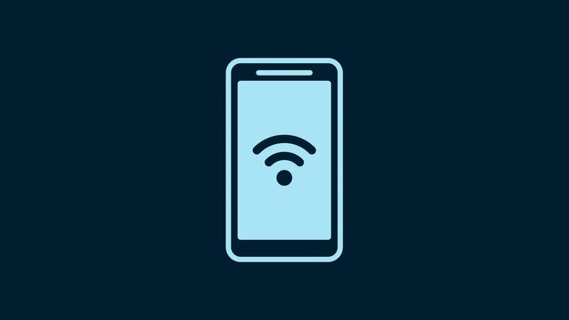 White Smartphone with free wi-fi wireless connection icon isolated on blue background. Wireless technology, wi-fi connection, wireless network. 4K Video motion graphic animation