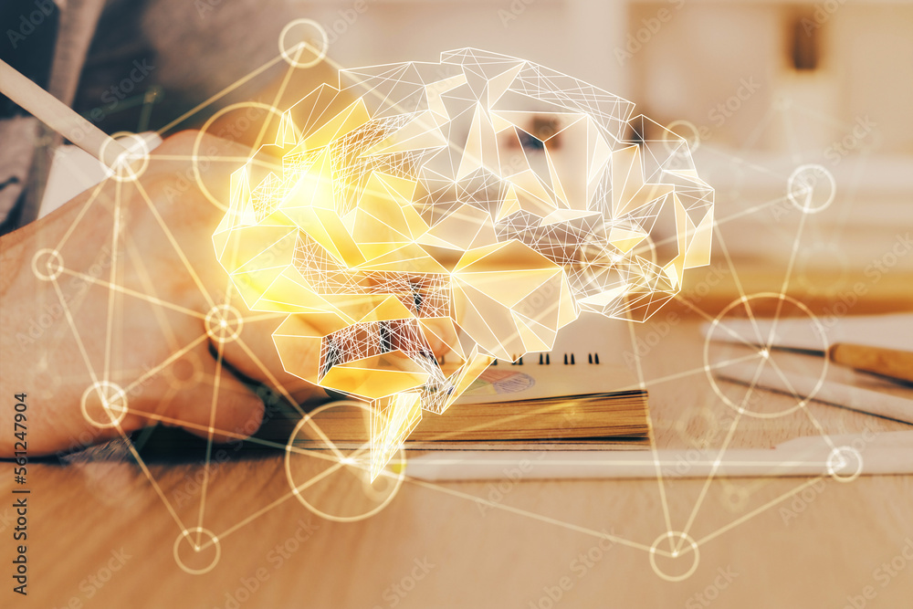 Aufkleber brain multi exposure icon with man hands background.