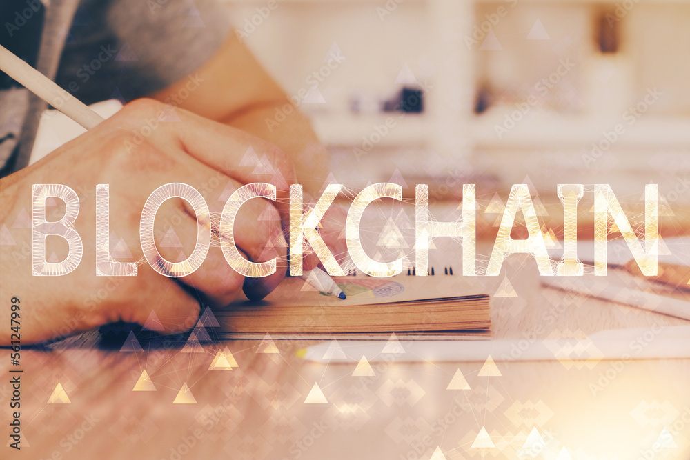 Poster Man's hands working with notes background. Cryptocurrency and finance concept.