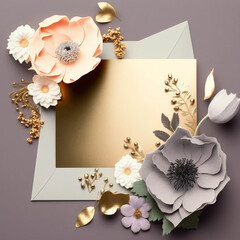 Card with flowers. Gold elements. Generative AI.