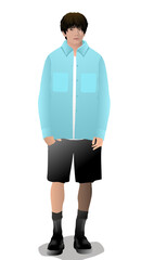 young handsome asian person wear blue shirt & black shorts, standing, full length, front view, realistic minimalistic illustration vector