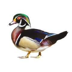 Illustration of a wood duck against a white background. Painting in the style of oil paints. Bird isolated.
