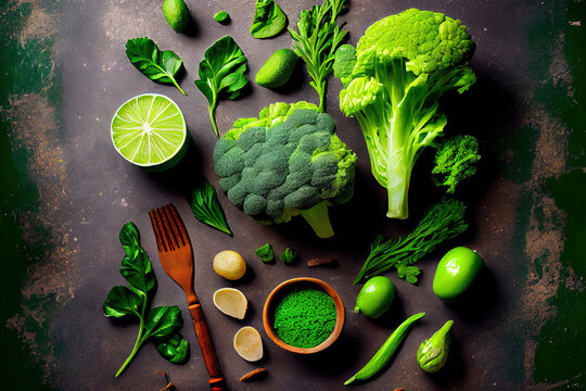 Summer Green Food Background On Stone Table