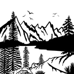Drawing of a lake in the mountains. Idyllic landscape in black and white. Square shape.
