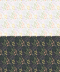 Seamless pattern. Abstract spotty floral organic elements, dots, hearts, leaves. Hand-drawn doodle flat design, green pink yellow pastel color palette. Transparent background