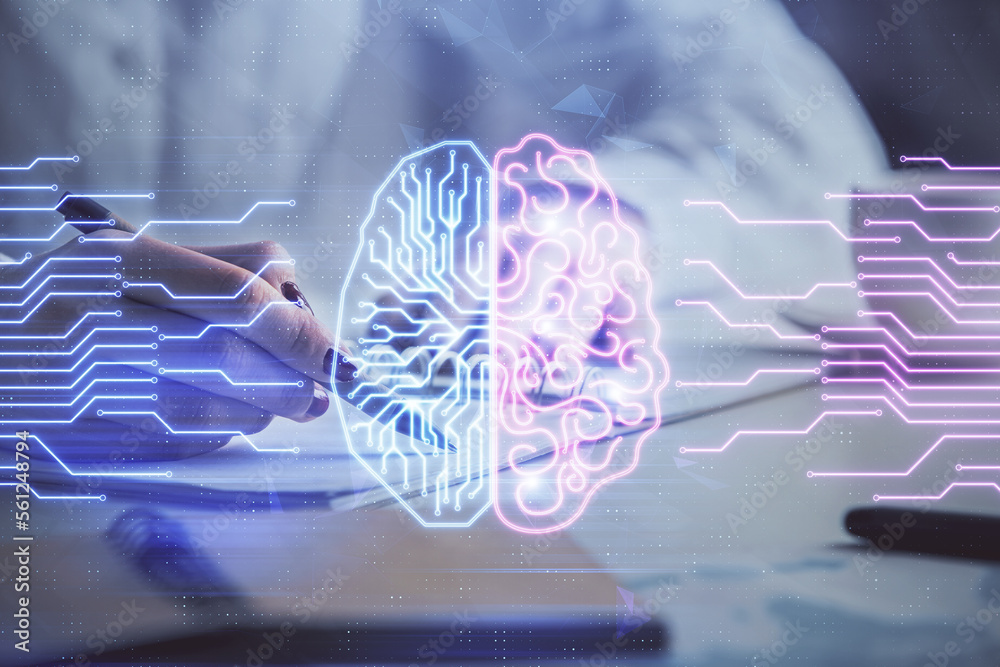 Poster multi exposure of woman's writing hand on background with brain hologram. concept of brainstorming.
