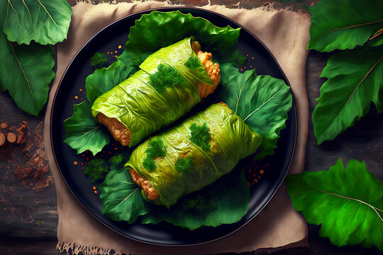 homemade stuffed cabbage rolls in gently green leaves of cooked cabbage