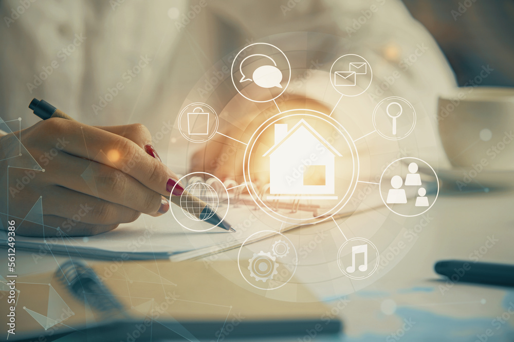 Poster IOT drawing over writing hands in notepad background. Concept of smart home. Multi exposure
