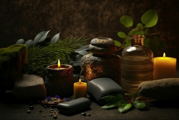 background of the spa center, candles, plants and massage stones. generated AI
