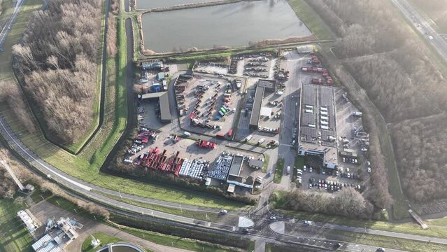 Waste collection and sorting center, municipality waste collection point center. Household collection of waste. Aerial drone overhead view.
