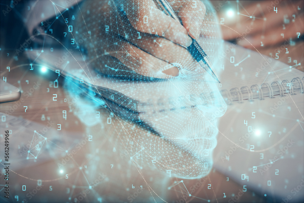 Poster double exposure of woman's writing hand on background with brain hud. concept of learning.