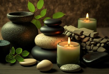 Fototapeta na wymiar background of the spa center, candles, plants and massage stones. generated AI