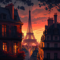 A vivid view of Paris at sunset with a view of the Eiffel Tower