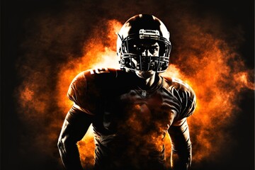American football player, athlete in helmet on stadium in fire. Sport wallpaper with copyspace on background. Generative AI